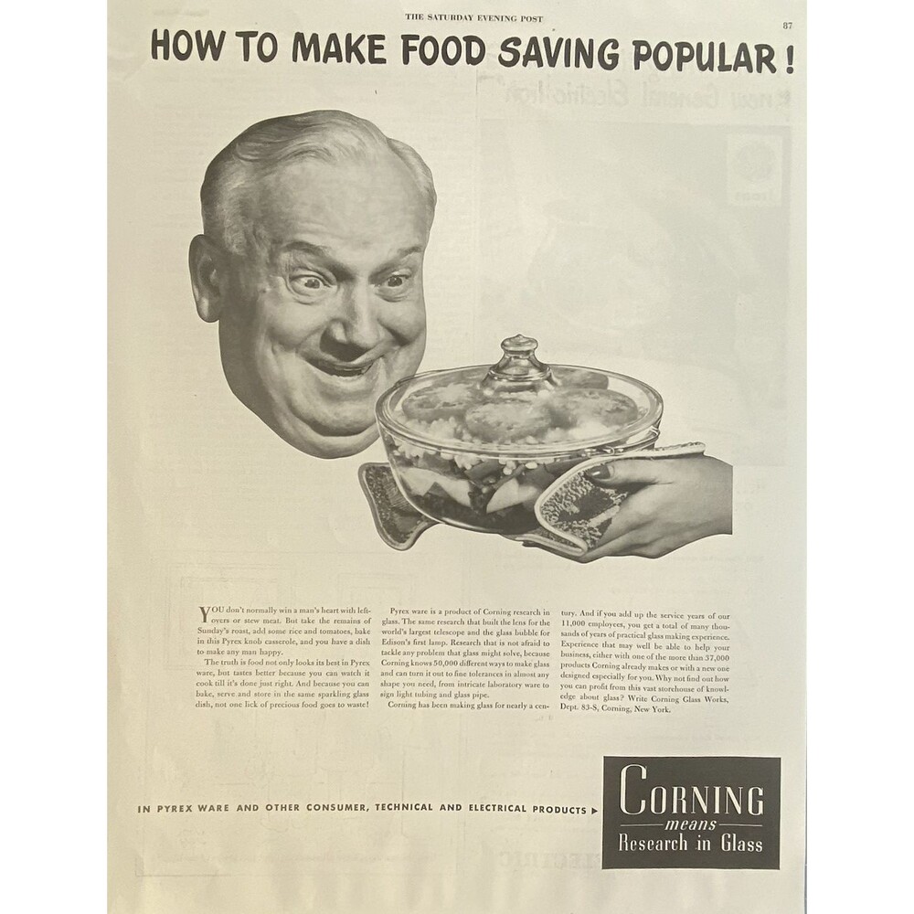 Corning "How To Make Food Saving Popular" Vintage Print Ad 1948